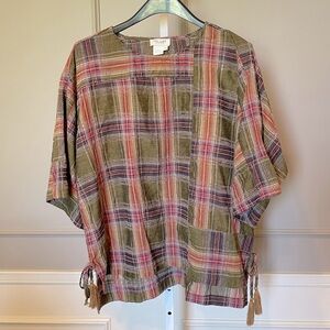 Tru Luxe Jeans Large plaid green top blouse popover boutique trendy casual
